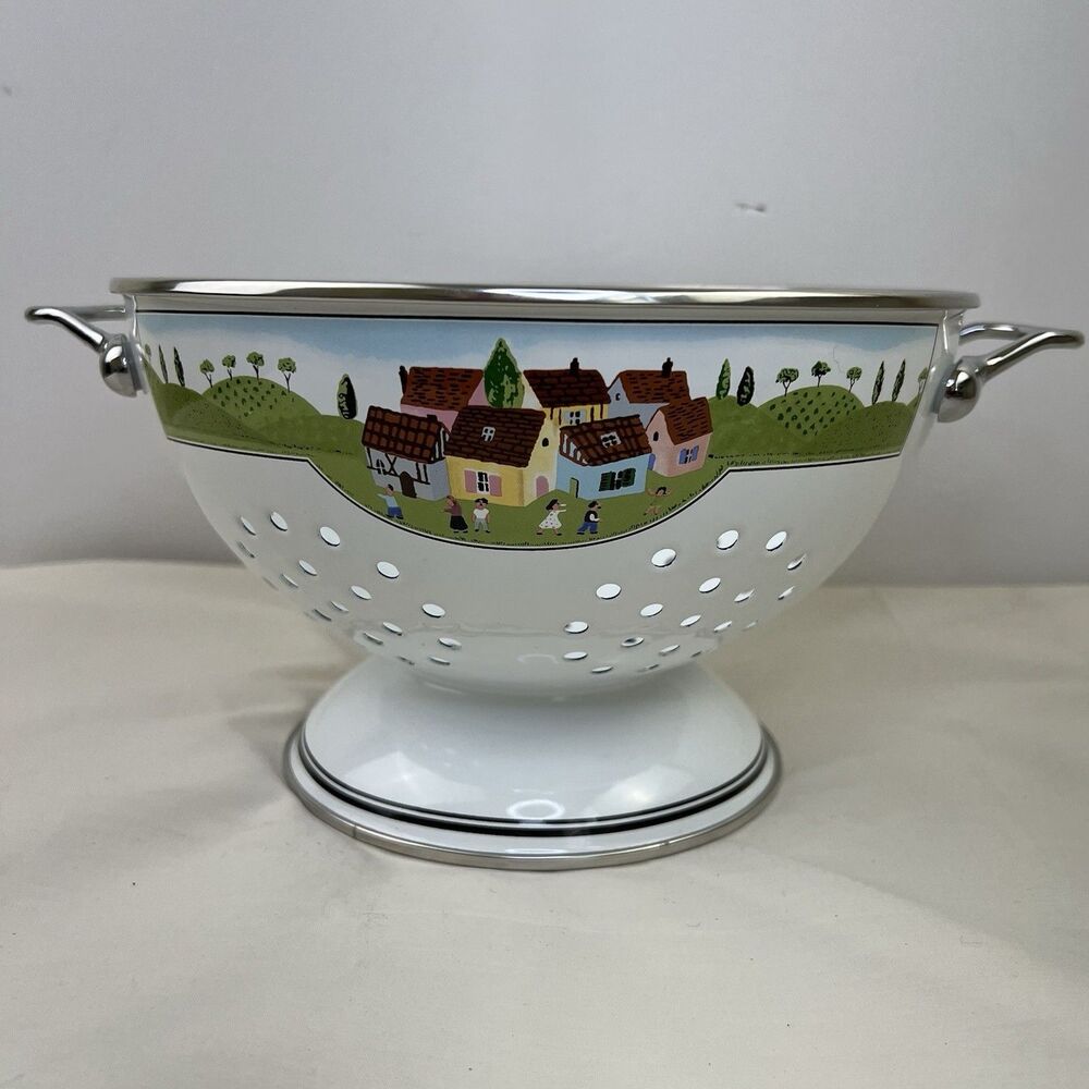 RARE Villeroy &‎ Boch Design Naif Enamel Colander Country Farmhouse Family Scene